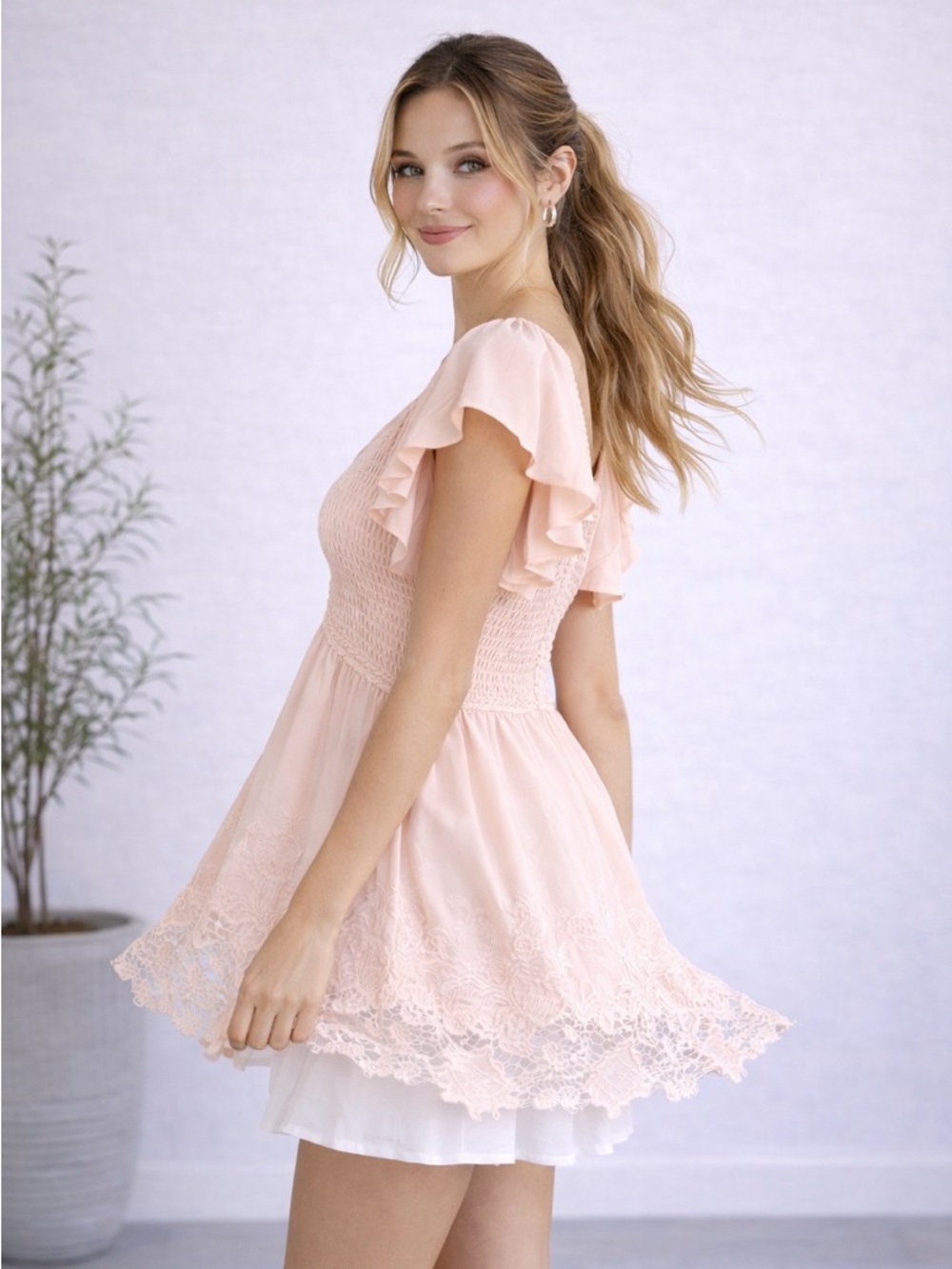 Venus Pink Smocked Embroidered Puff Sleeve Dress NWOT Size L